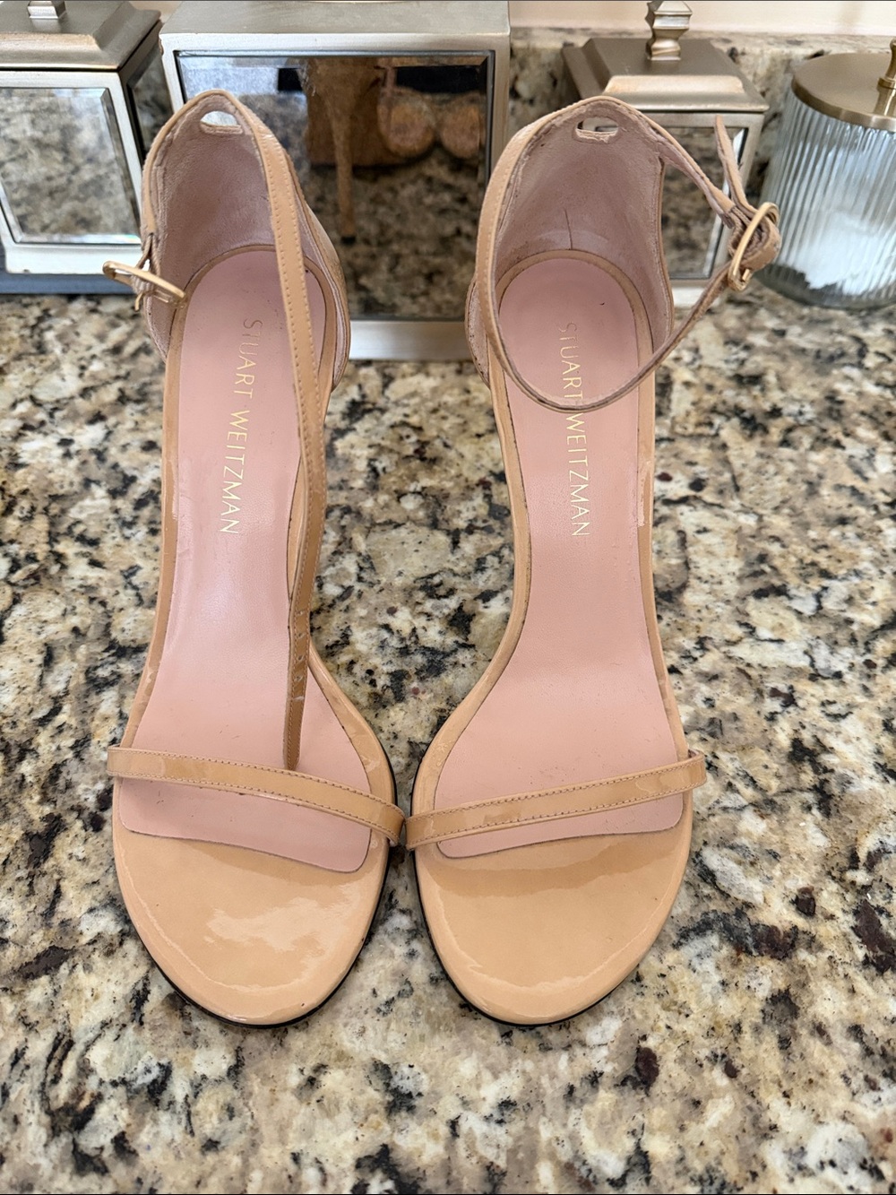 Stuart Weitzman Nudistsong Nude Patent Ankle-Strap Heels
